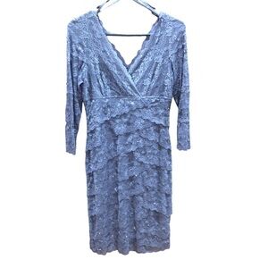 NWT Marina Grey Lace Sequin 3/4 Sleeve Tiered  Deep V Neck Dress Sz 8